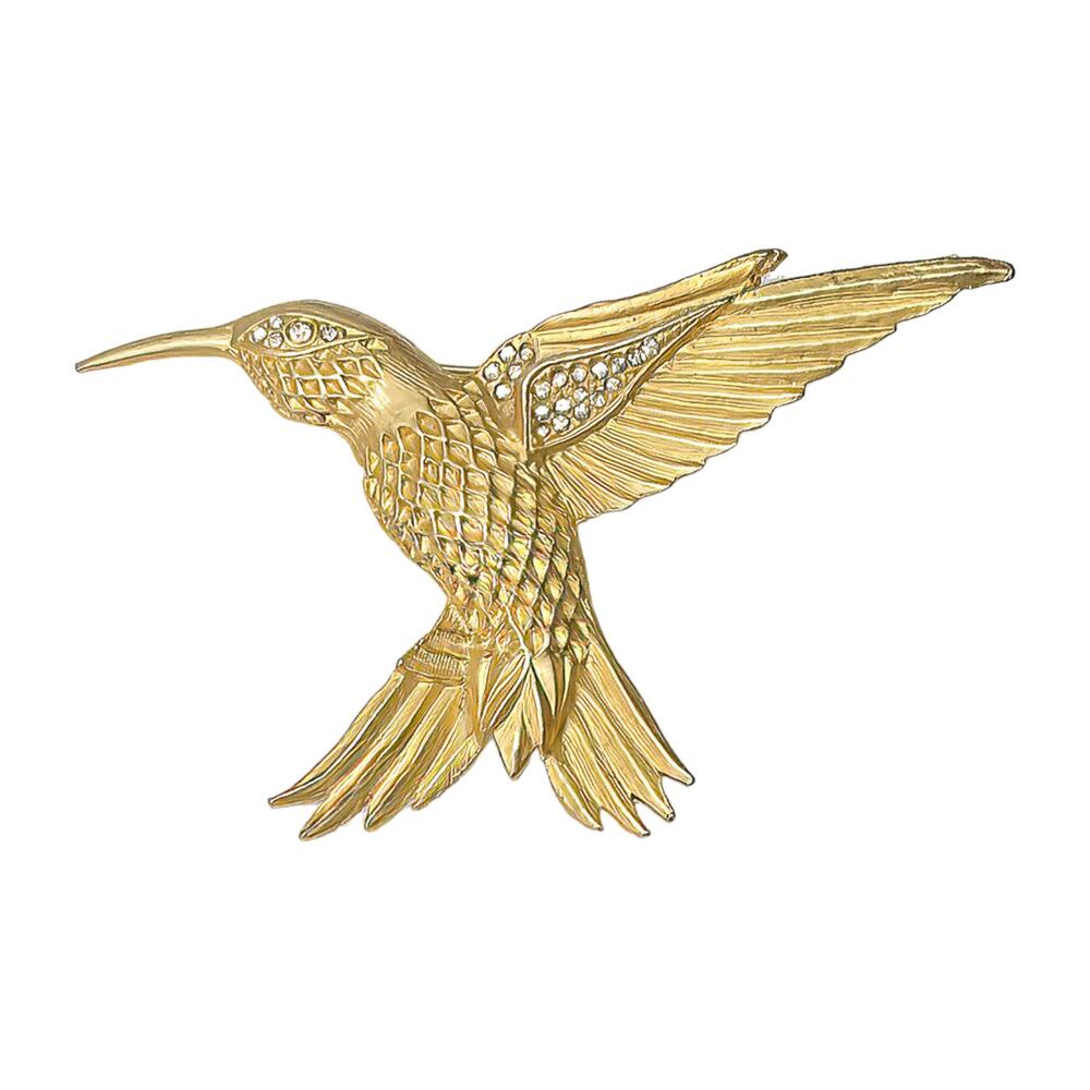 1980s Satin Gold Plate & White Rhinestones Flying Hummingbird Figural Brooch Pin